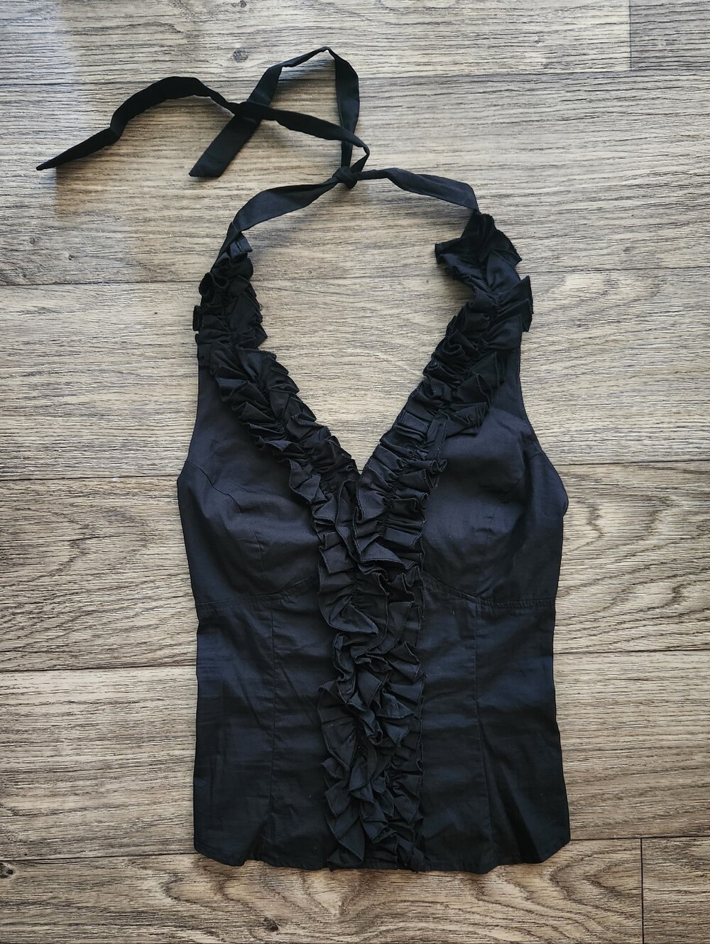 Y2K Charlotte Russe Ruffle Cotton Halter Top in Black Size XS
